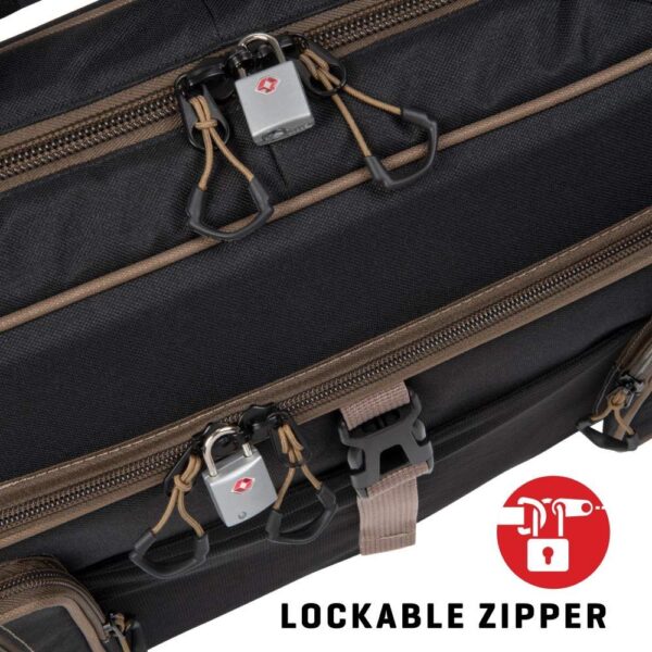 Close-up of a travel bag featuring a lockable zipper and durable fabric, with branding displayed prominently.