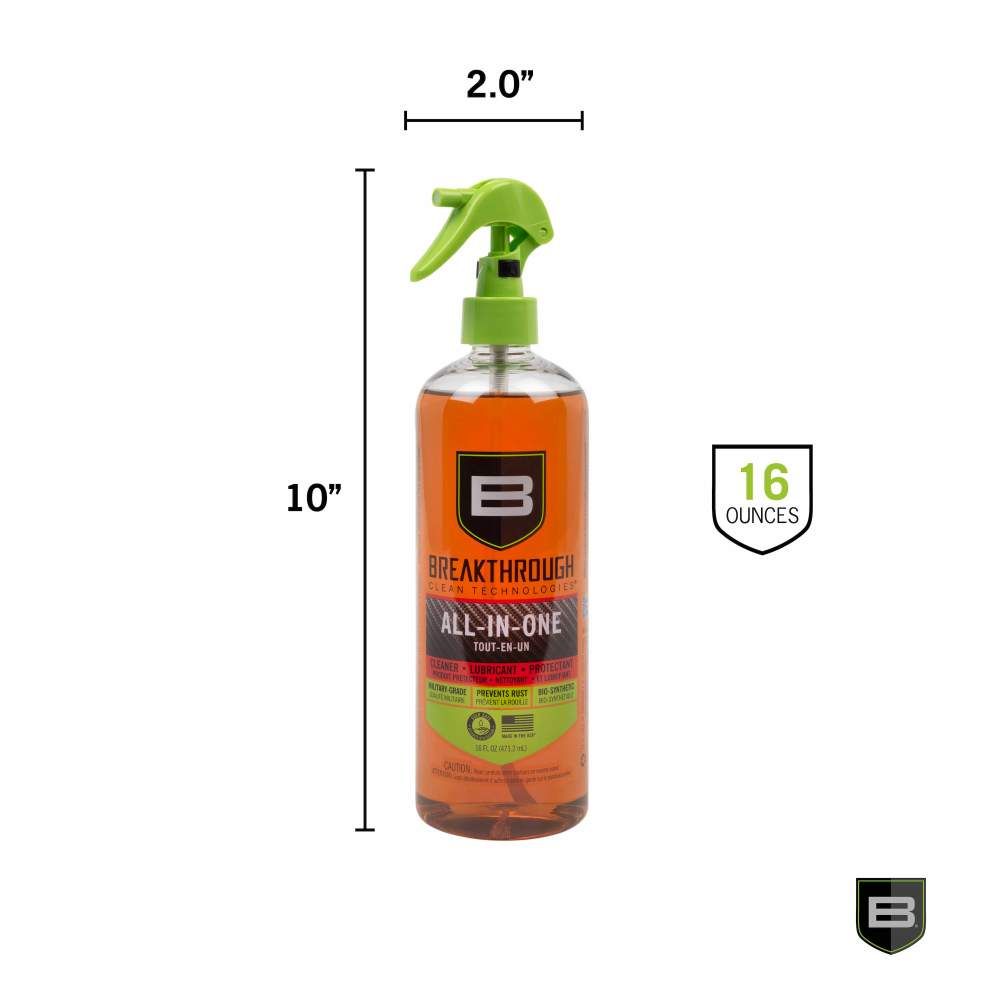 Clear spray bottle labeled "Breakthrough All-in-One" in orange liquid, 16 oz size, dimensions shown: 2" x 10".