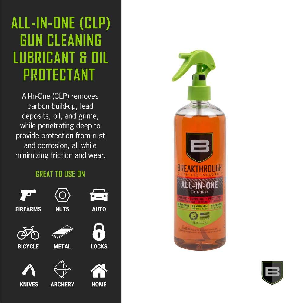 A spray bottle of Breakthrough All-In-One CLP, a cleaning lubricant and oil protectant for firearms and other metal items.