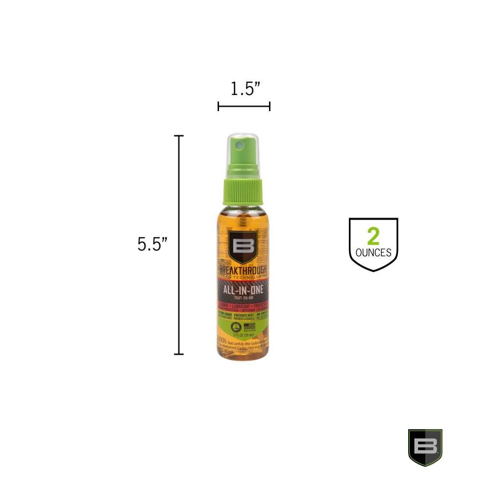 A 2-ounce spray bottle of Breakthrough All-in-One, measuring 5.5” tall and 1.5” wide, with a green nozzle and vibrant packaging.