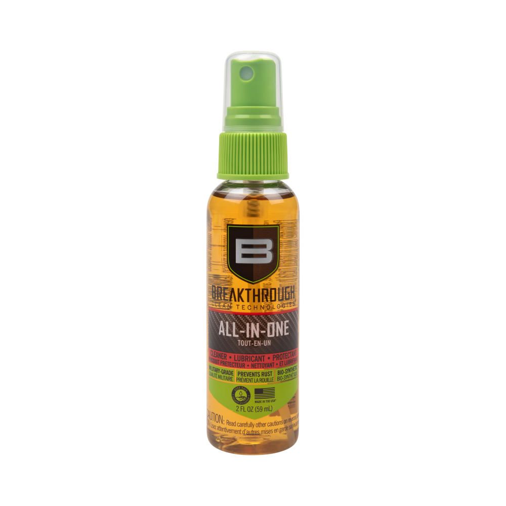 BATTLE BORN BIO-SYNTHETIC ALL IN-ONE (CLP) 2OZ - A spray bottle of Breakthrough All-In-One cleaner, lubricant, and protectant, featuring a green nozzle and bold black logo.
