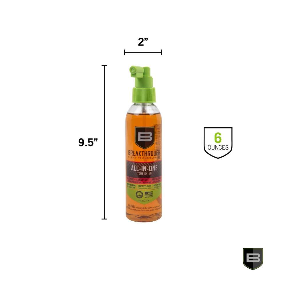 A 6-ounce bottle of Breakthrough Clean Technologies All-In-One product, measuring 9.5 inches tall and 2 inches wide, features a green spray nozzle.