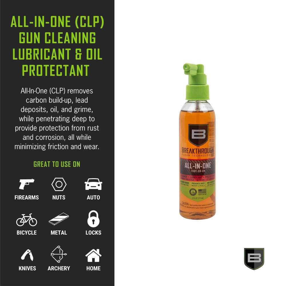 Bottle of Breakthrough Clean Technologies All-In-One CLP gun cleaning lubricant, highlighting its uses on firearms, bikes, and more.