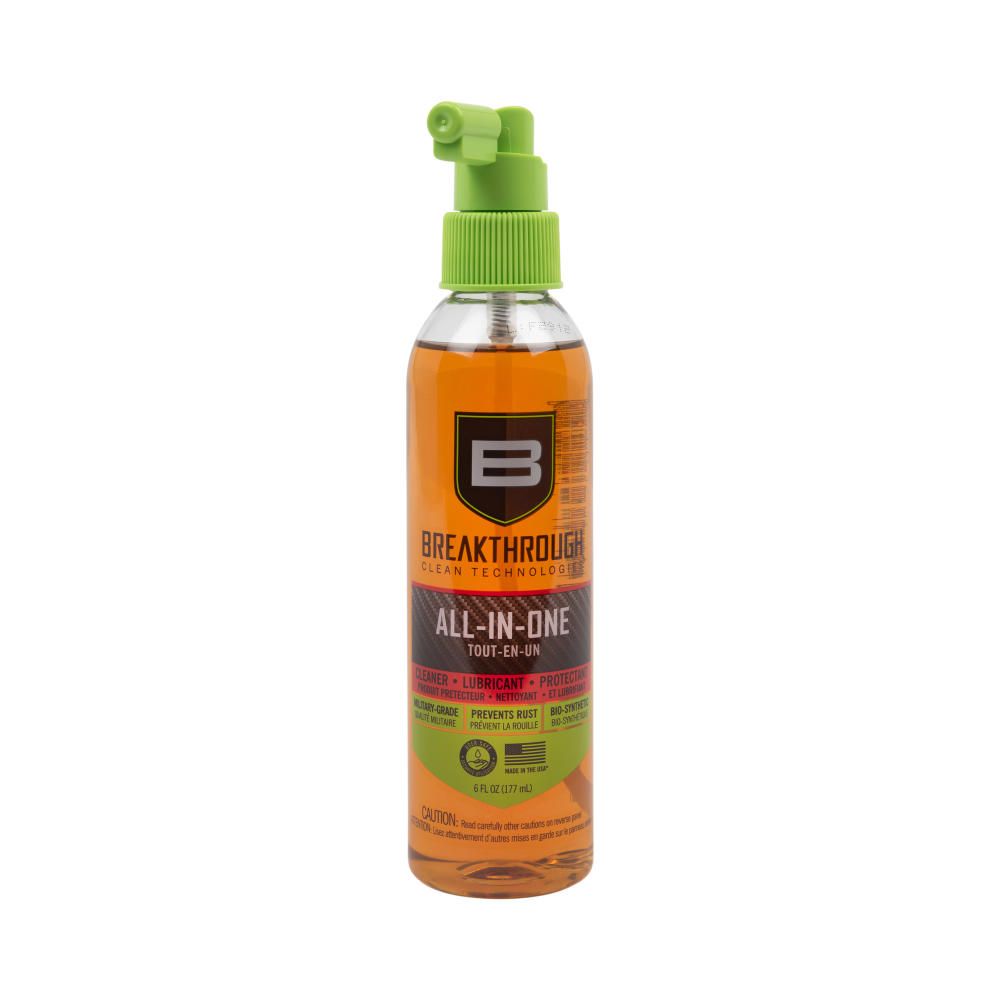 BATTLE BORN BIO-SYNTHETIC ALL IN-ONE (CLP) 6OZ - A bottle of Breakthrough Clean Technologies All-in-One cleaner, featuring a green spray nozzle and orange liquid, labeled for cleaner, lubricant, and protection.