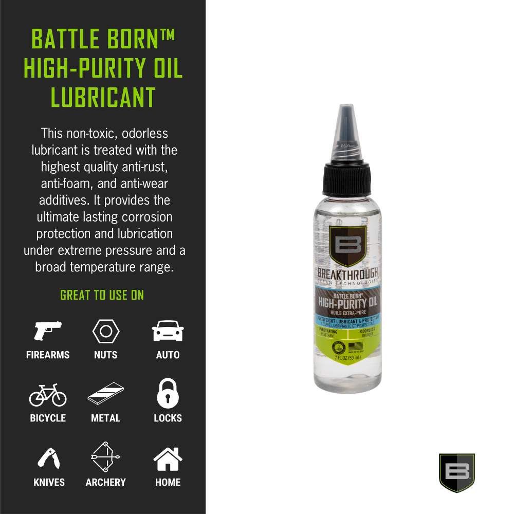 A transparent bottle of Battle Born High-Purity Oil Lubricant, highlighted with text about its uses and benefits for various items.