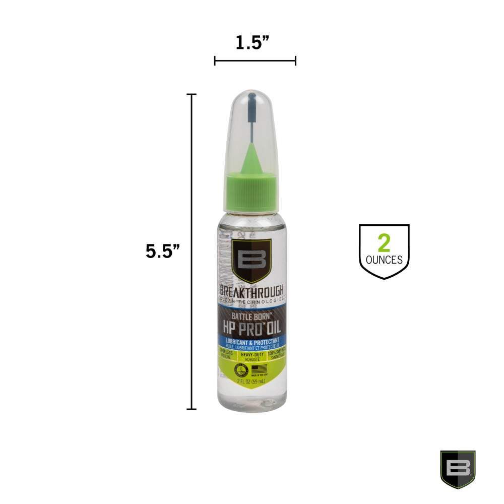 A 2-ounce bottle of Breakthrough Battle Born HP Pro Oil, 5.5 inches tall with a green applicator tip, labeled as a lubricant and protectant.