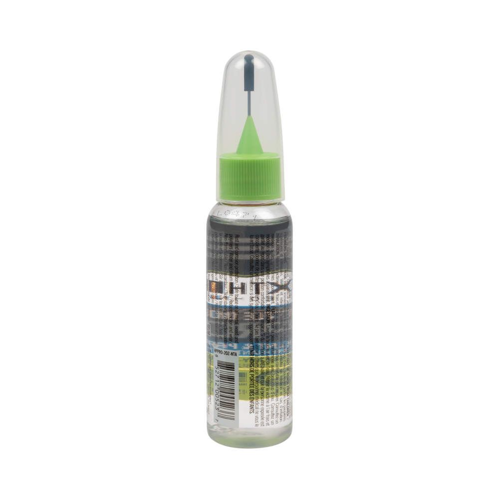 Clear bottle of lubricant with a green cap and needle tip for precision application, featuring a textured label and a barcode.
