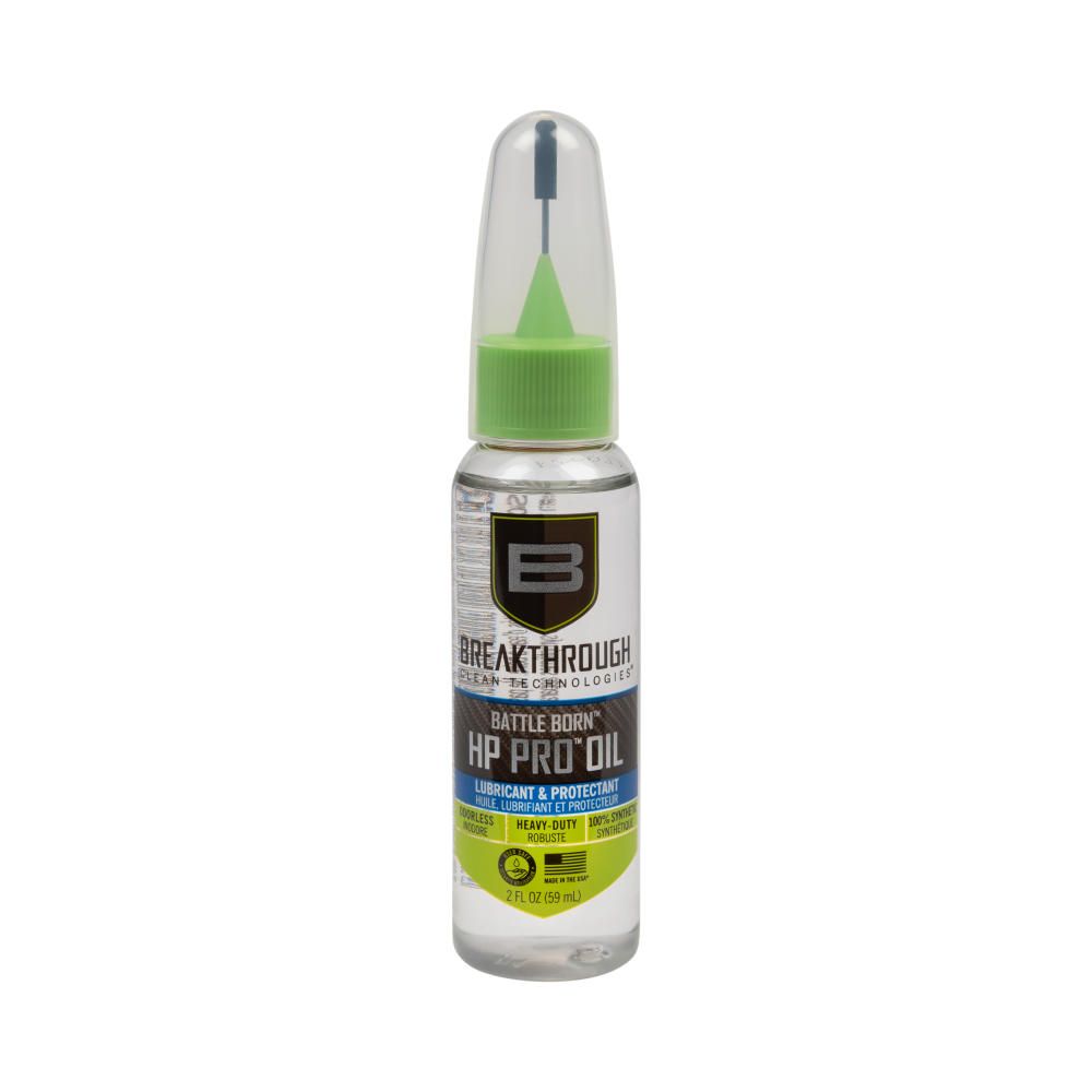 BATTLE BORN HP PRO LUBRICANT & PROTECTANT 2OZ - Image of a clear bottle of Breakthrough Battle Born HP PRO OIL, a heavy-duty lubricant and protectant, featuring a green cap and nozzle.