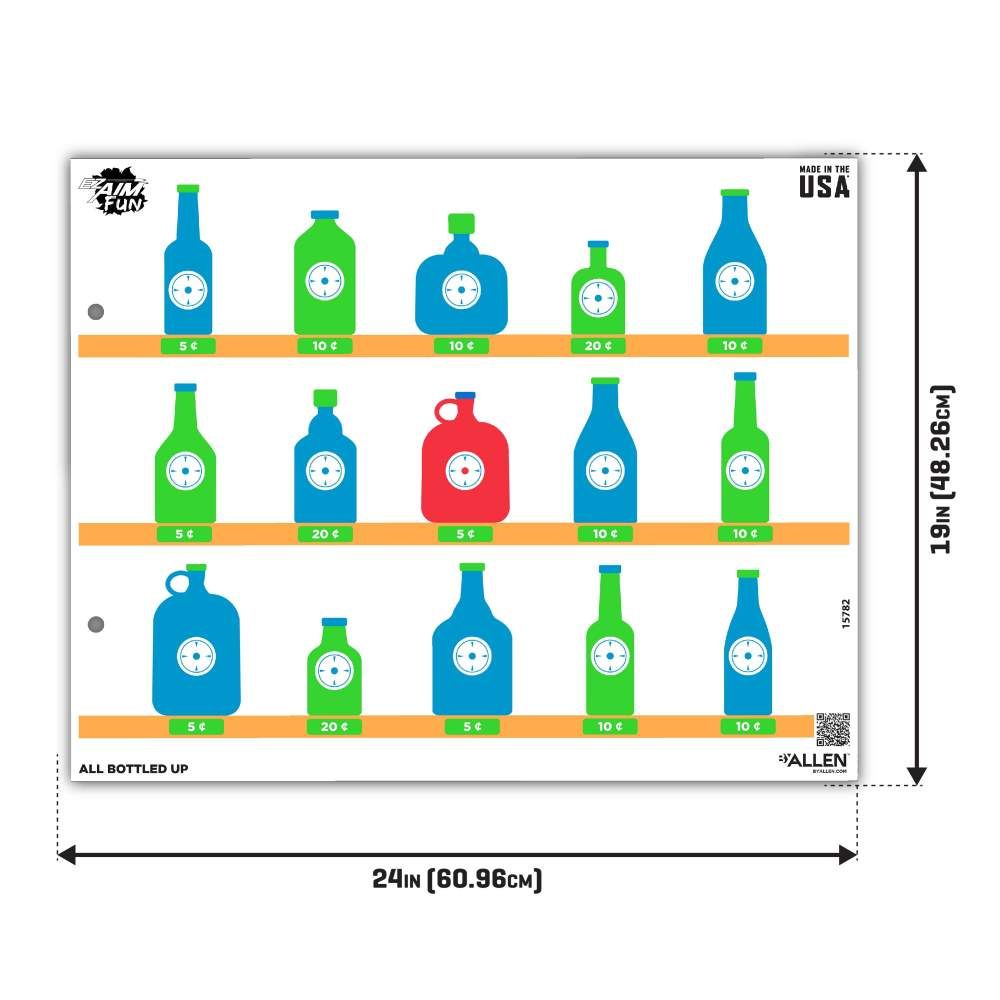 Colorful display of bottles in various shapes and sizes, arranged on shelves with price labels, featuring blue and green hues. With the measurements of 19in (48.26cm) X 24in (60.96cm).
