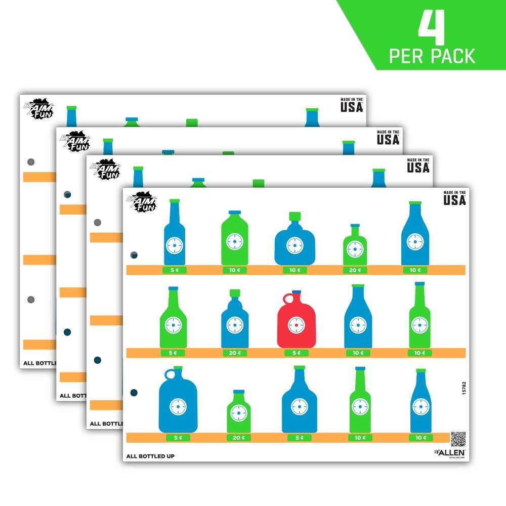 Four game sheets feature colorful bottle graphics with price tags, designed for engaging gameplay, highlighting the 'All Bottled Up' theme.