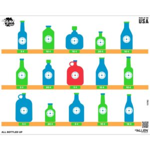 EZ AIM FUN ALL BOTTLED UP PAPER SHOOTING TARGET - Colorful graphic featuring various bottles on shelves, each labeled with different prices in euros.