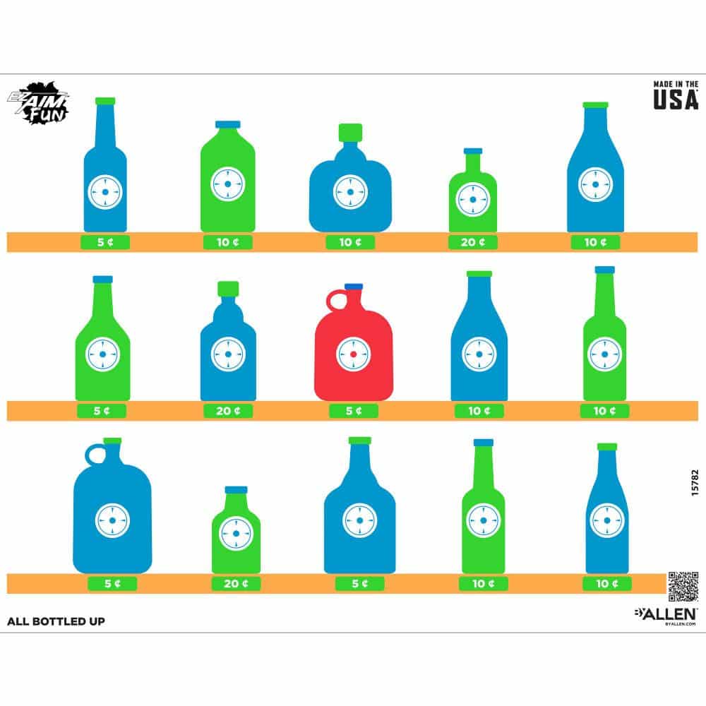 EZ AIM FUN ALL BOTTLED UP PAPER SHOOTING TARGET - Colorful graphic featuring various bottles on shelves, each labeled with different prices in euros.