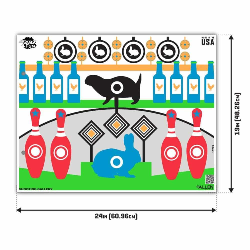 A colorful shooting gallery design featuring bottles, animal targets, and bowling pins in a playful layout. With the measurements of 19in (48.26cm) X 24in (60.96cm).