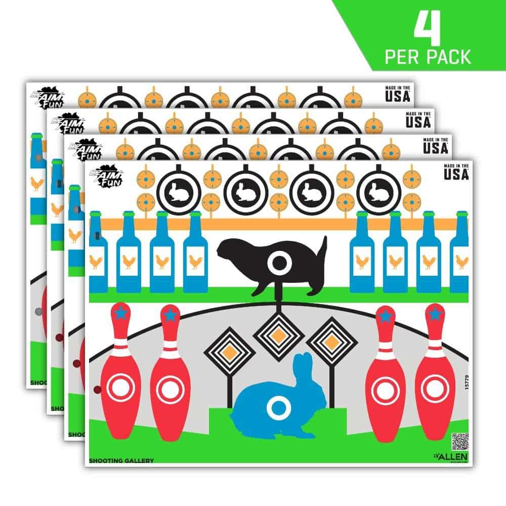Four colorful shooting gallery targets featuring bottles, animal targets, and bowling pins in a playful layout.