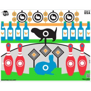 EZ AIM FUN SHOOTING GALLERY PAPER SHOOTING TARGET - A colorful shooting gallery design featuring bottles, animal targets, and bowling pins in a playful layout.