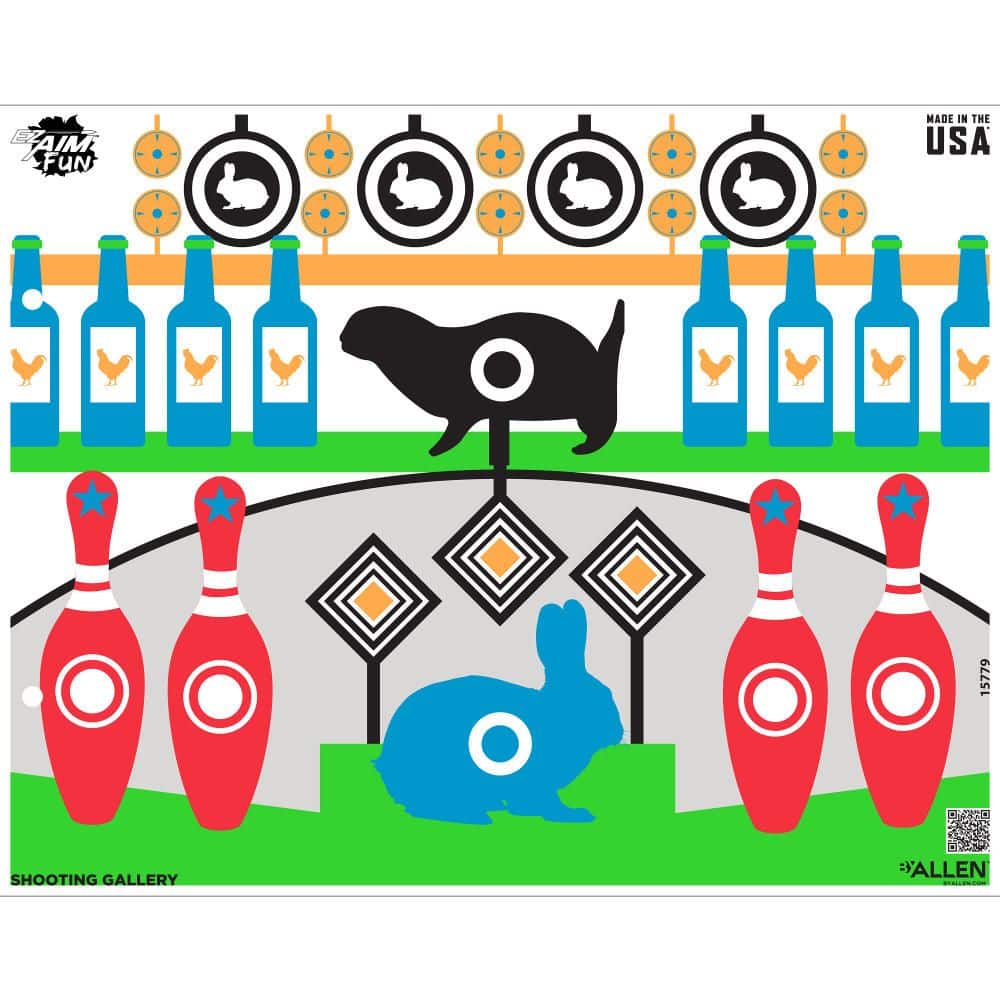 EZ AIM FUN SHOOTING GALLERY PAPER SHOOTING TARGET - A colorful shooting gallery design featuring bottles, animal targets, and bowling pins in a playful layout.