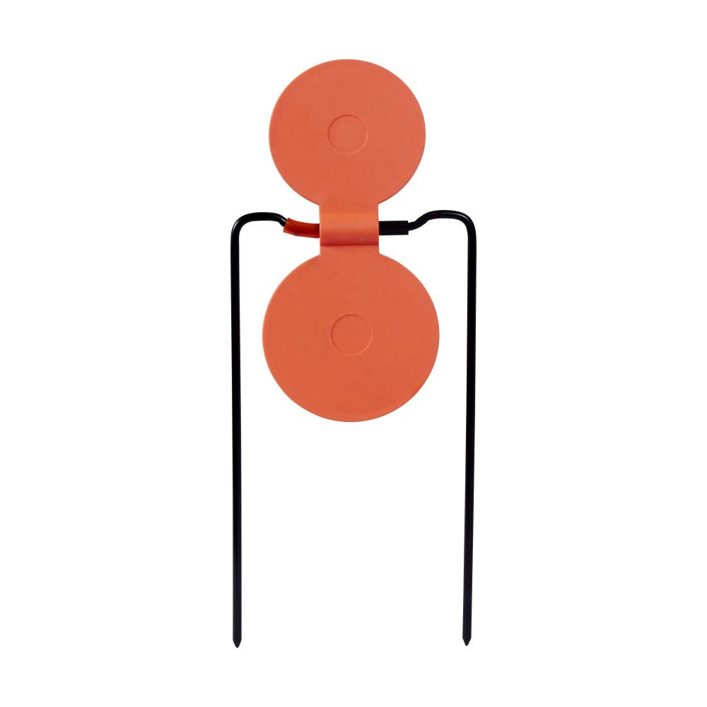 EZ AIM SPINNING TARGET - An orange double disc-shaped spinning targets mounted on a black stake meant to be placed into the ground.