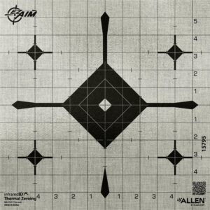 EZ AIM THERMAL ID GRID BULLSEYE PAPER TARGET - A thermal zeroing target featuring geometric black shapes on a grid background, designed for precise aiming adjustments.