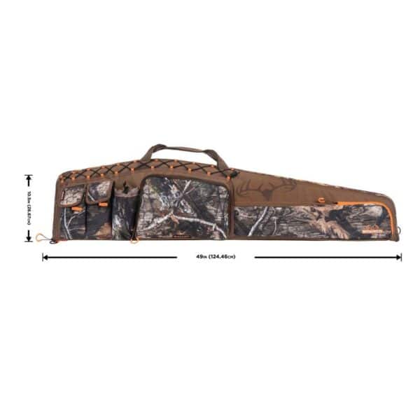 A brown and camouflage rifle case with multiple pockets, measuring 49 inches long and 10 inches high, ideal for hunting storage.