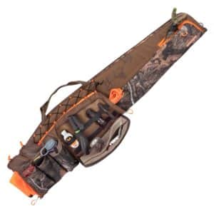 GEAR-FIT PURSUIT BRUISER LOCKABLE GUN CASE - 48IN - Camo-patterned rifle case with compartments for tools, a flashlight, water bottle, and other outdoor essentials, featuring an orange accent.