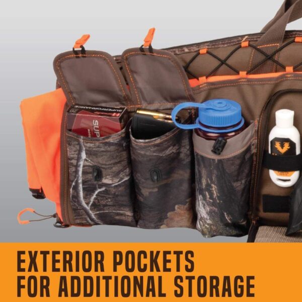 A detailed view of a multi-pocketed bag showcasing its organized storage compartments for easy access to essentials.