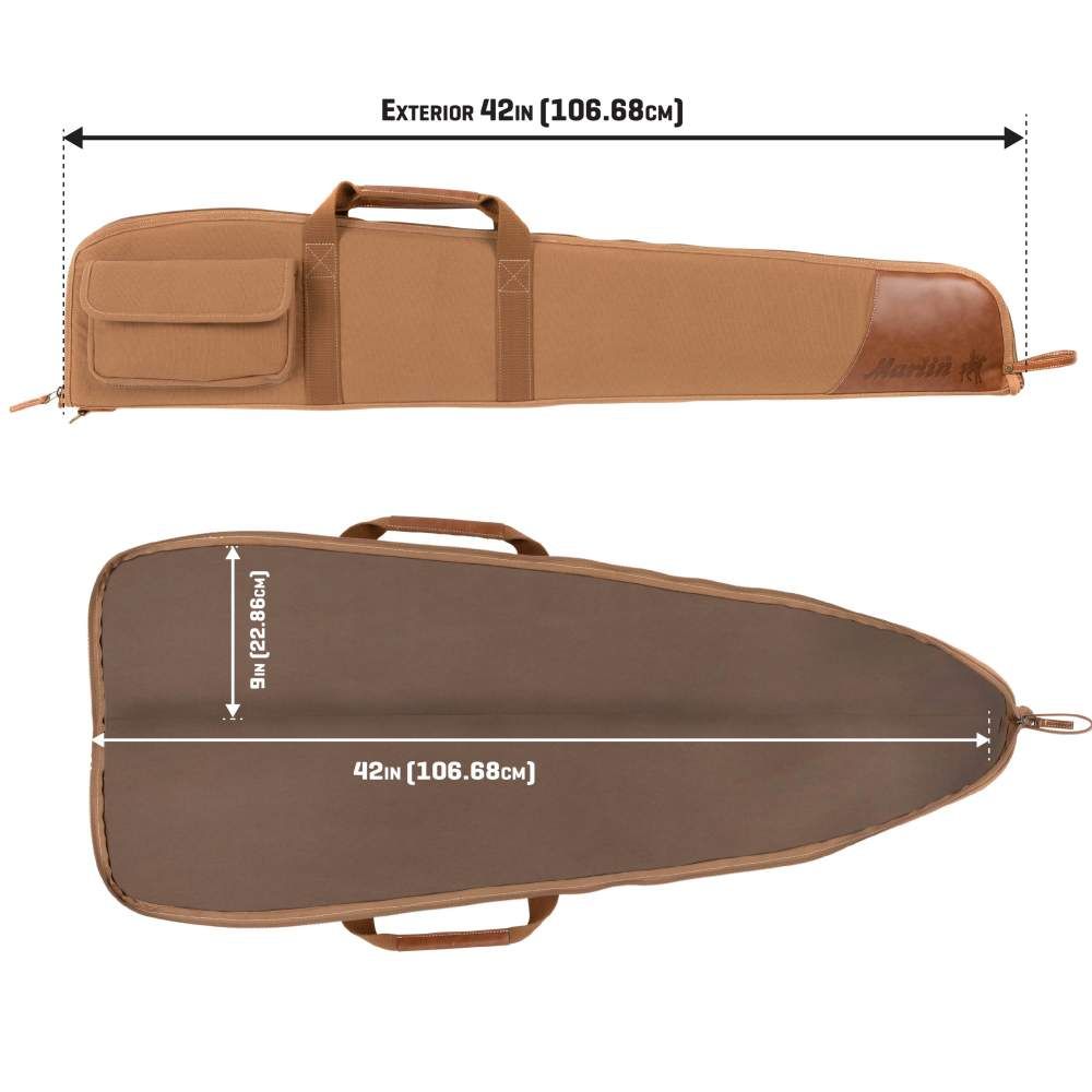 A 42-inch padded guitar case in tan, featuring two carrying handles and a zippered exterior pocket. Measurements labeled.