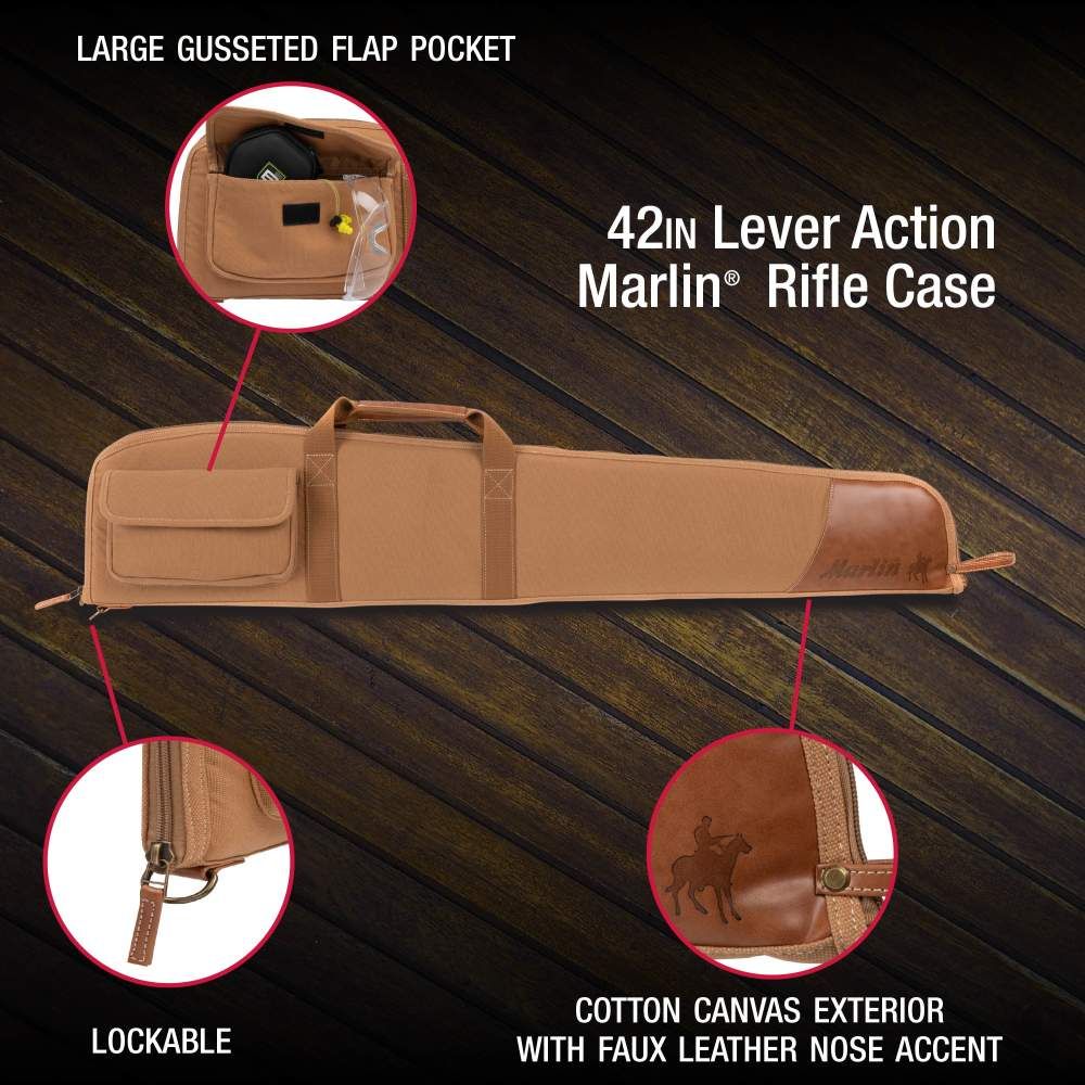 A 42-inch Marlin lever action rifle case features a cotton canvas exterior, lockable zipper, and a large gusseted flap pocket.