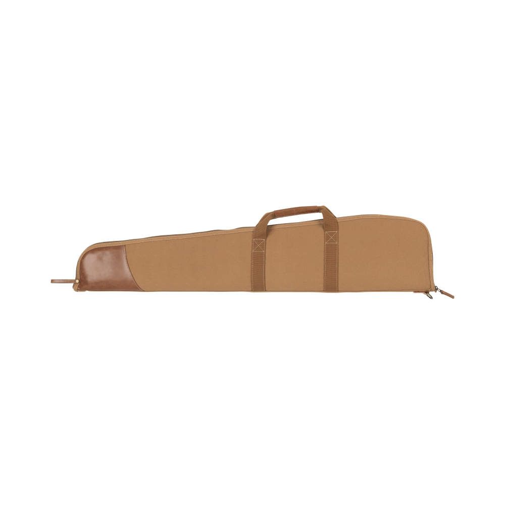 A sturdy tan firearm case with a brown leather accent and a handle, designed for easy transport and protection of weapons.