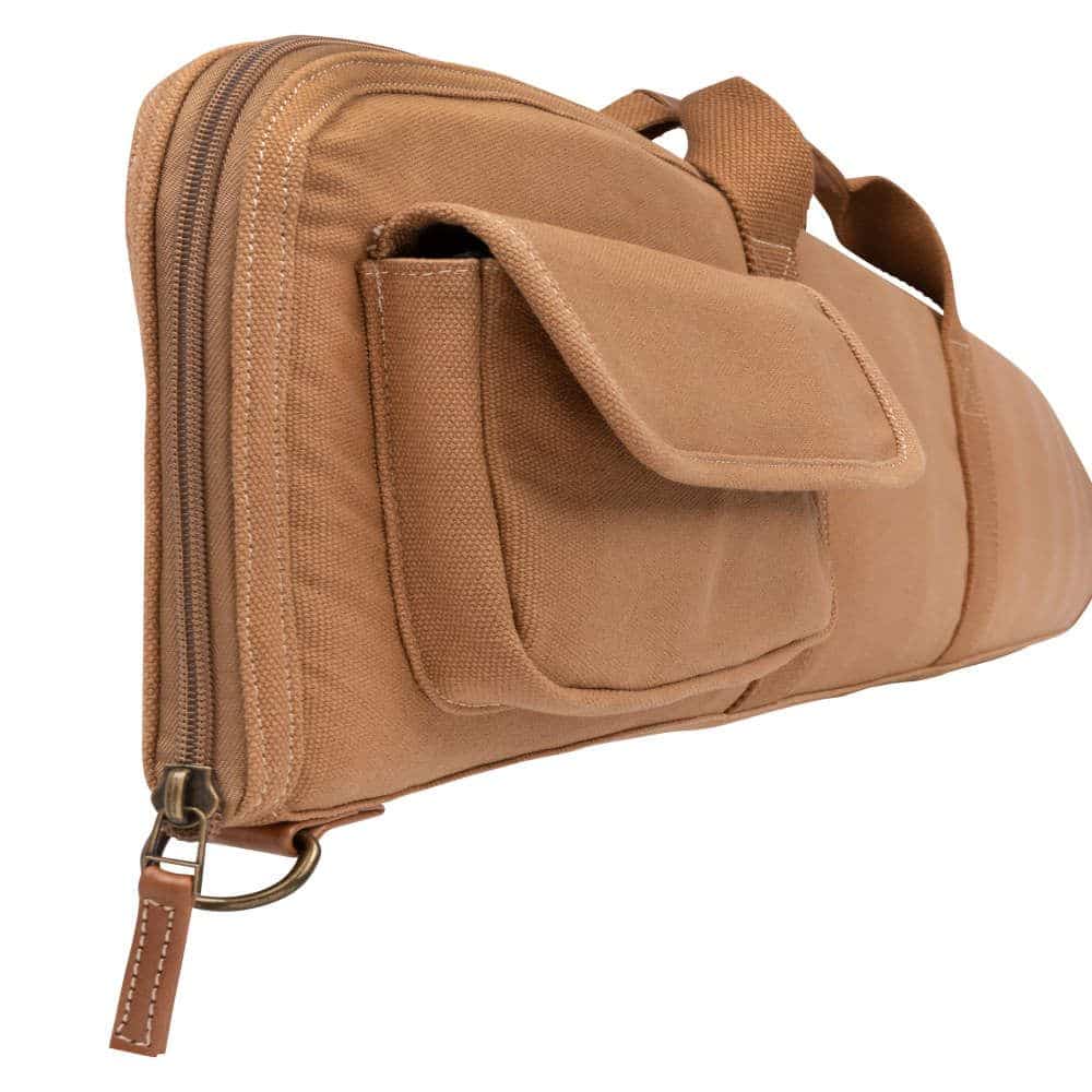 A tan, zippered bag with a side pocket, designed for carrying items securely, featuring sturdy handles for easy transport.