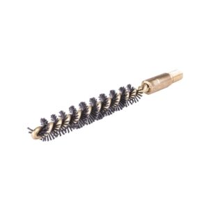 NYLON BRISTLE BORE BRUSH 25-264 CAL & 6.5MM - BRASS - Close-up of a brass-threaded cleaning brush with black bristles, designed for cleaning pipes or tubes.