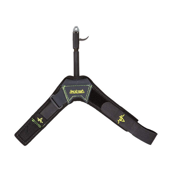 Adjustable strap with a support pole and clip, designed for secure use in outdoor activities or hunting. Black and green accents visible.