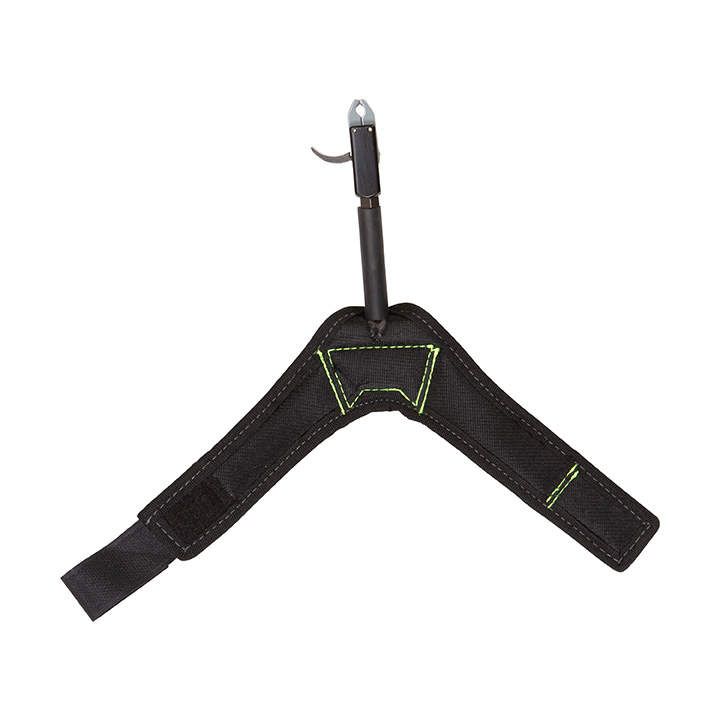 Adjustable strap with a support pole and clip, designed for secure use in outdoor activities or hunting. Black and green accents visible.