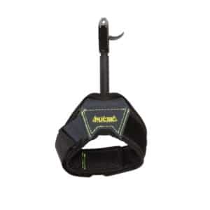 PULSE COMPACT CALIPER RELEASE BY ALLEN - A black wrist strap with a green logo and a metal hook attached, designed for securing equipment or accessories.