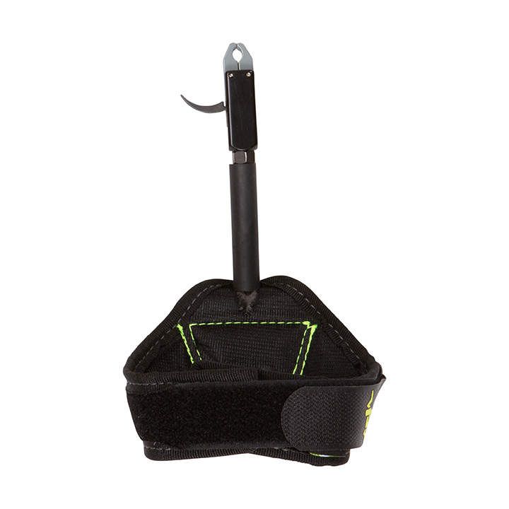 A black wrist strap release aid with green stitching and a metal trigger hook, used for archery.
