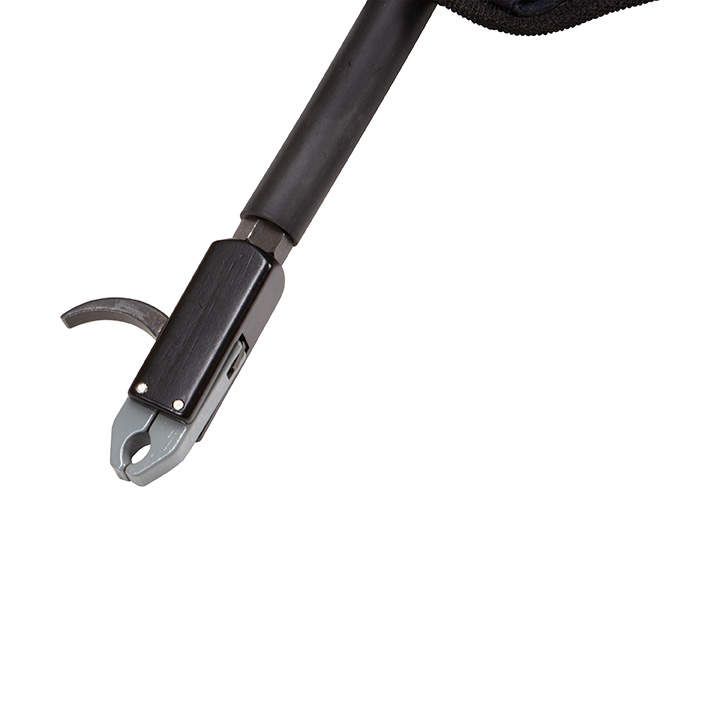 Close-up of a black and silver tool's handle and jaw, featuring a hook and locking mechanism, designed for precise gripping.