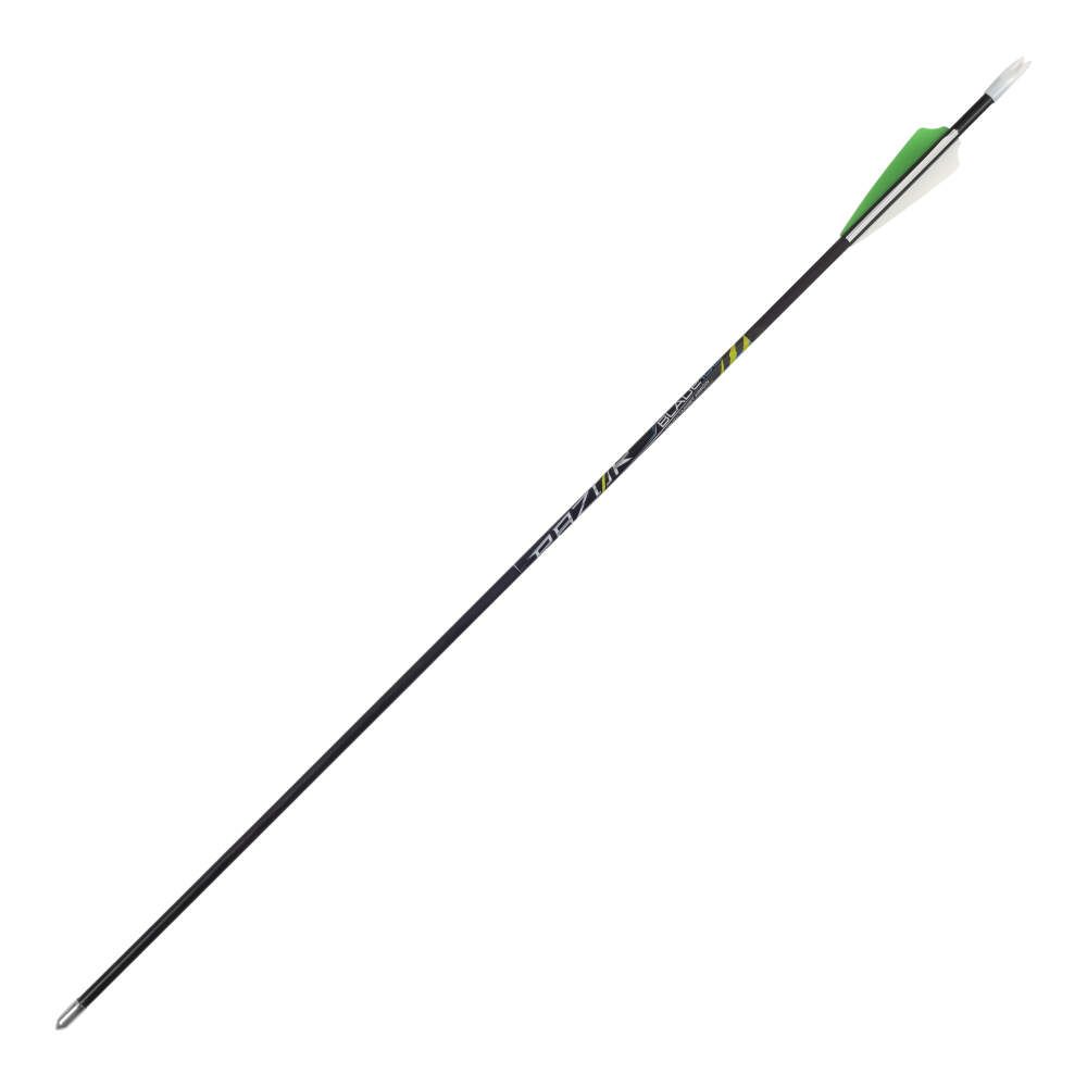 A sleek black arrow with green fletching and a silver tip, positioned diagonally against a white background.