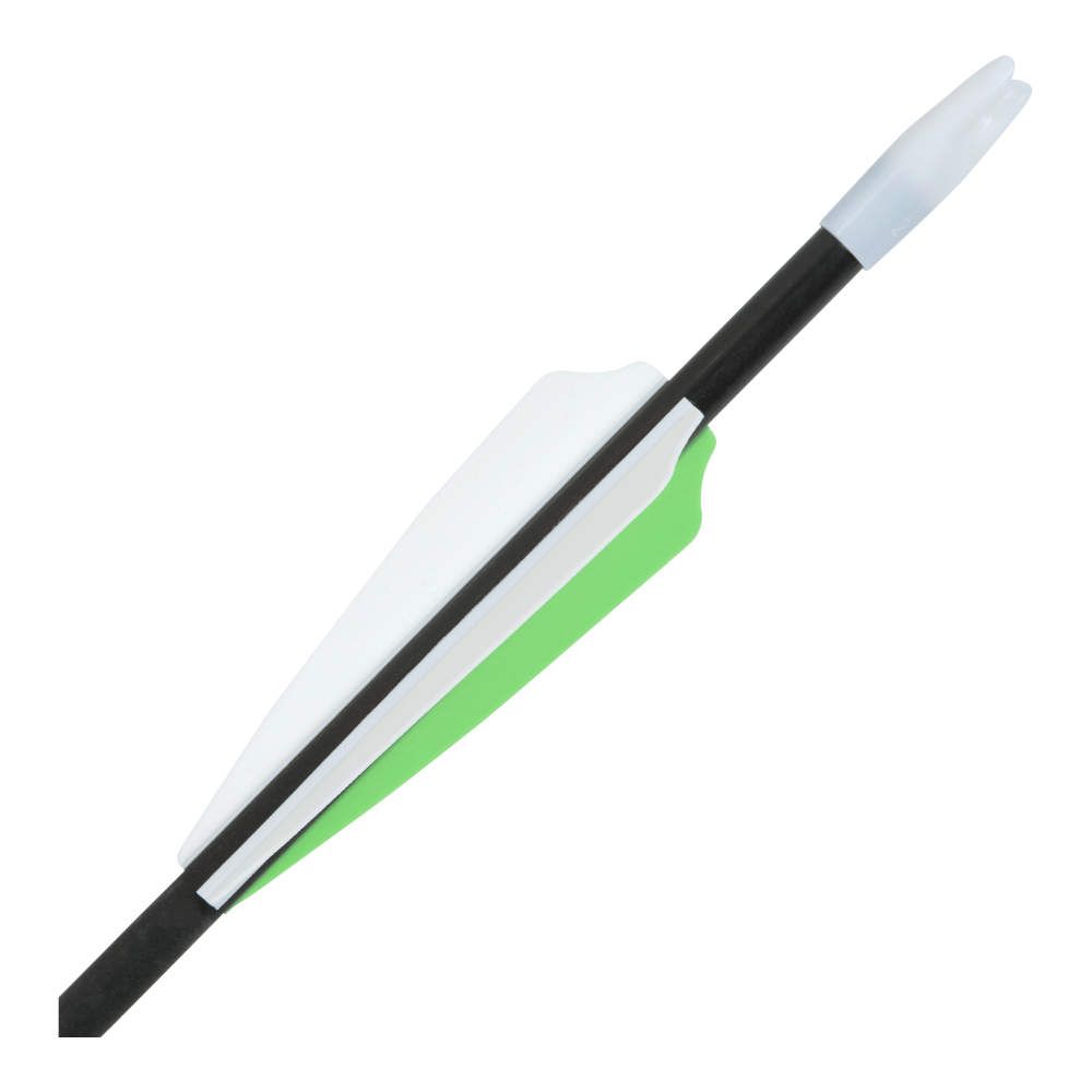 Close-up of an arrow featuring a black shaft, green and white fletching, and a white plastic nock at the end.