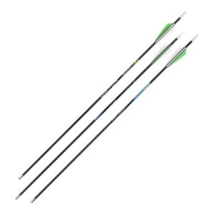 RAZOR BLADE100 26" YOUTH ARROWS 3-PACK - Three archery arrows with green fletching and black shafts, featuring colorful designs, lying parallel on a white background.