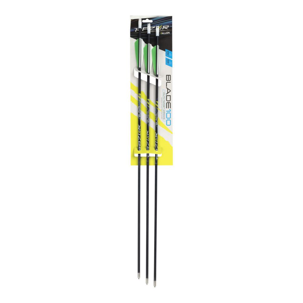 Three black archery arrows with green and white fletching, packaged on a yellow, white and black display card labeled "Blade100."