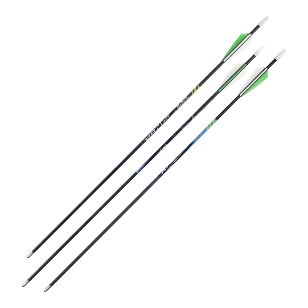 RAZOR BLADE100 26" YOUTH ARROWS 3-PACK - Three archery arrows with green fletching and black shafts, featuring colorful designs, lying parallel on a white background.