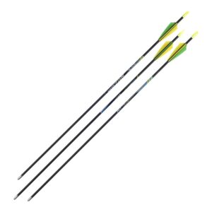 RAZOR BLADE100 28" YOUTH ARROWS 3-PACK - Three durable fiberglass arrows with yellow and green fletching, resting on a white background.