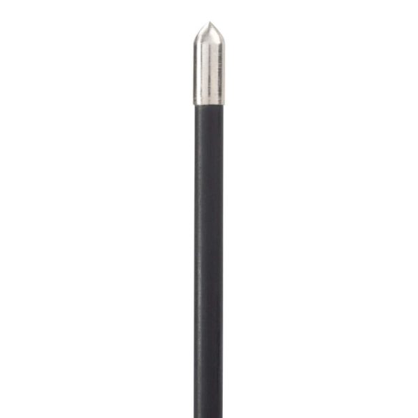 A close-up of a sleek, black pen with a metallic pointed tip, showcasing its modern design and elegant finish.