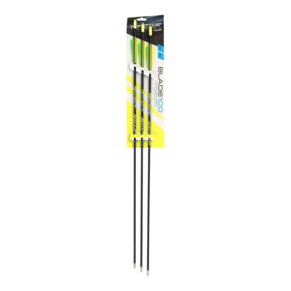 Three black archery arrows with vibrant yellow and green fletching, displayed on a bright packaging labeled "BLADE100."