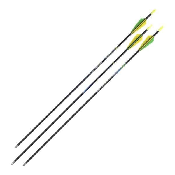 RAZOR BLADE100 28" YOUTH ARROWS 3-PACK - Three durable fiberglass arrows with yellow and green fletching, resting on a white background.