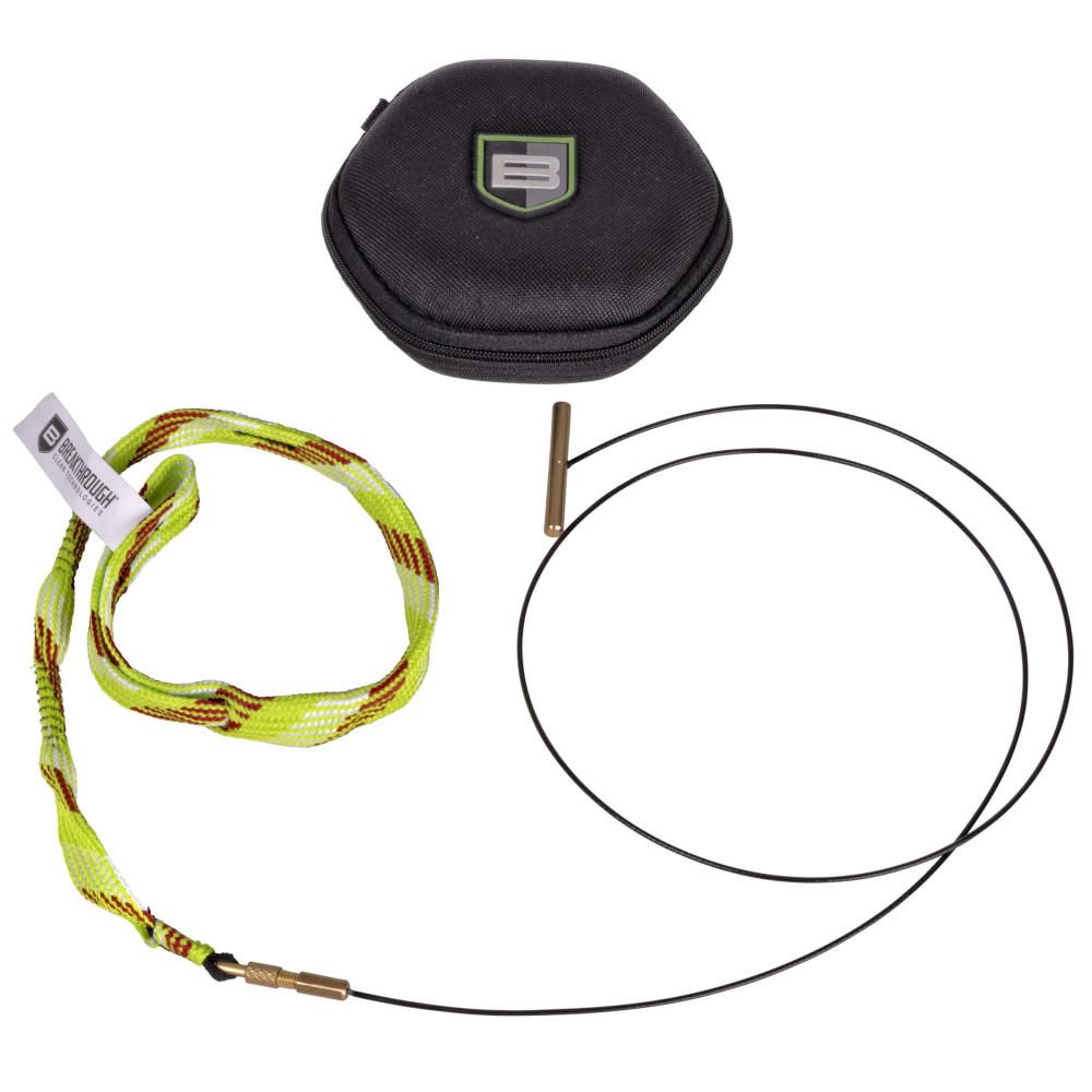 RIFLE BATTLE ROPE 2.0 - 25/264 CAL & 6.5MM - A black, zippered case holds a green and yellow cord, a metal connector, and a wire loop, designed for cleaning guns.