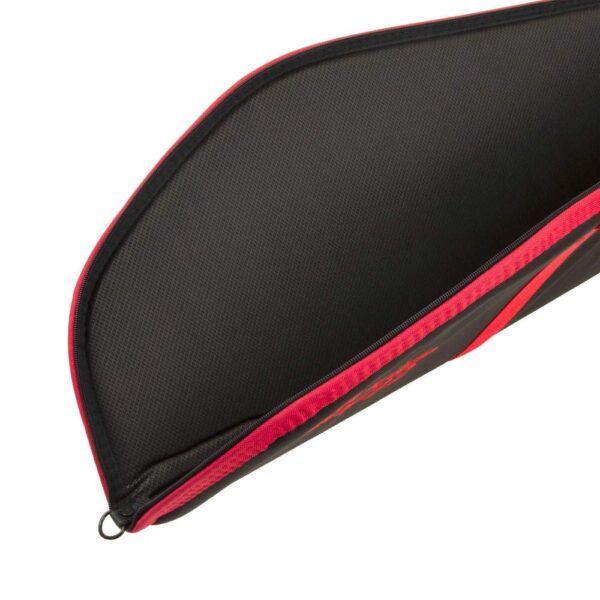 A top view of an elongated black carrying bag with red edges and handles, designed for transporting sports equipment.