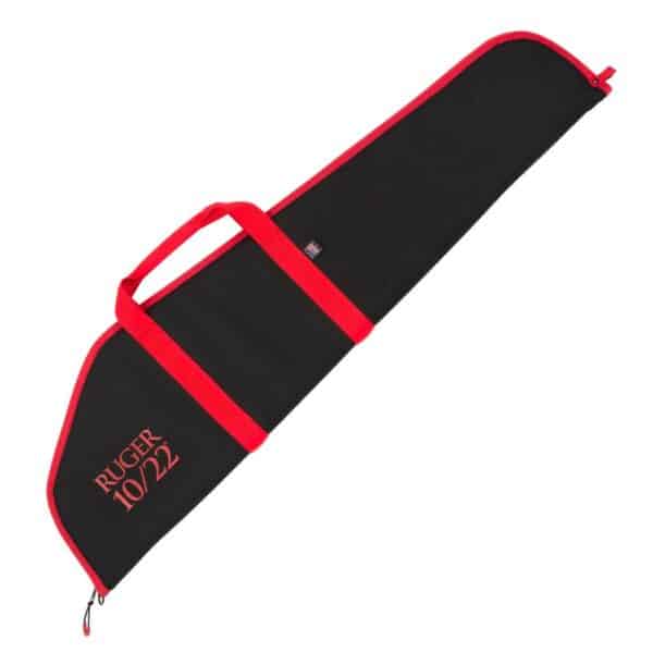 RUGER -10/22 RIFLE CASE - 40IN - BLACK - Black gun case with red trim and handle, featuring "RUGER 10/22" logo prominently displayed. Ideal for firearm storage and transport.