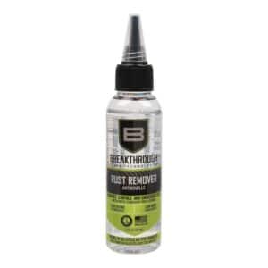 RUST REMOVER 2OZ - DISPENSING CONE CAP BOTTLE - Clear bottle of Breakthrough Rust Remover with a nozzle top, labeled for fast-acting, low odor rust removal. 2 fl oz (59 ml).