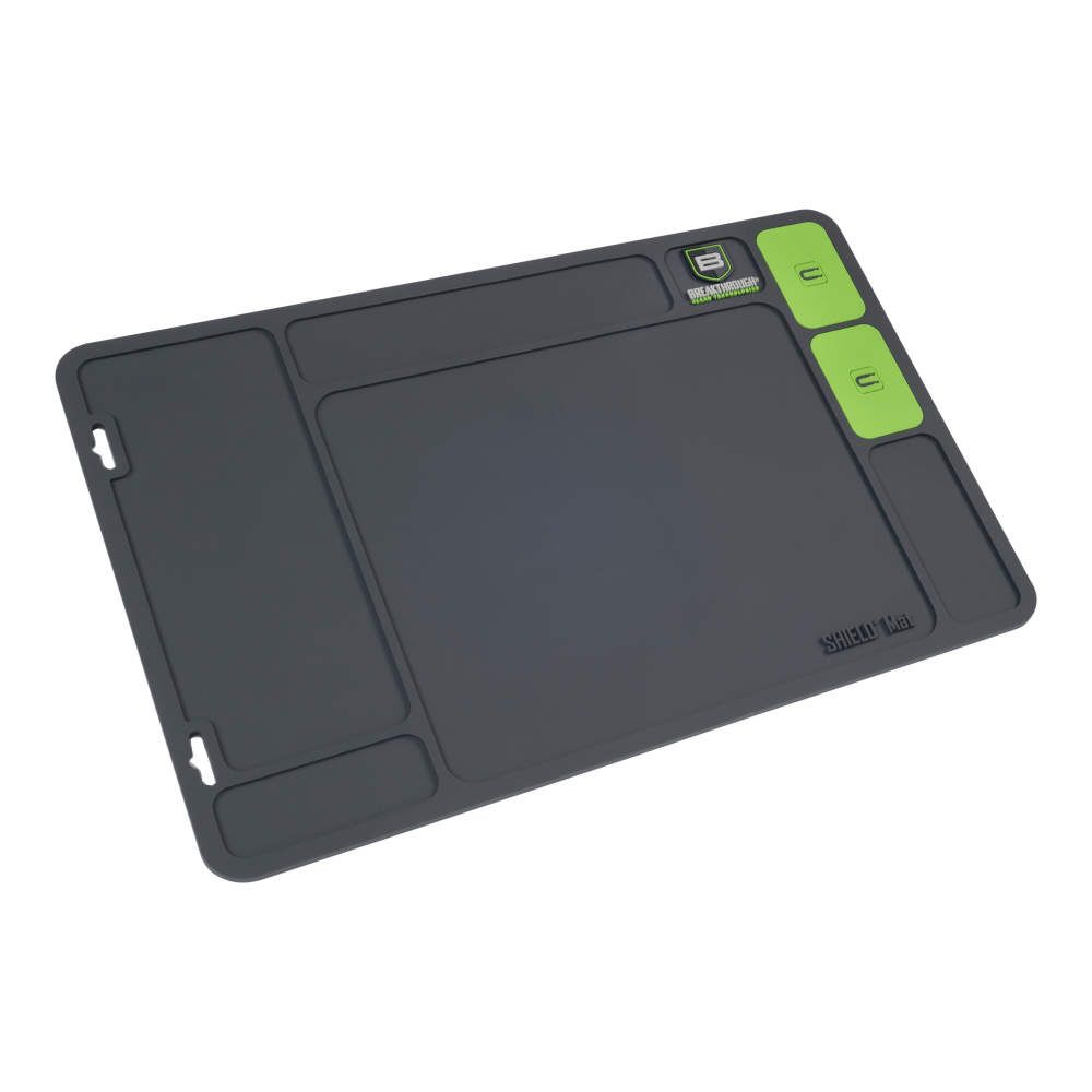 Black silicone repair mat with multiple compartments and green accents, designed for organizing tools and small parts during repairs.
