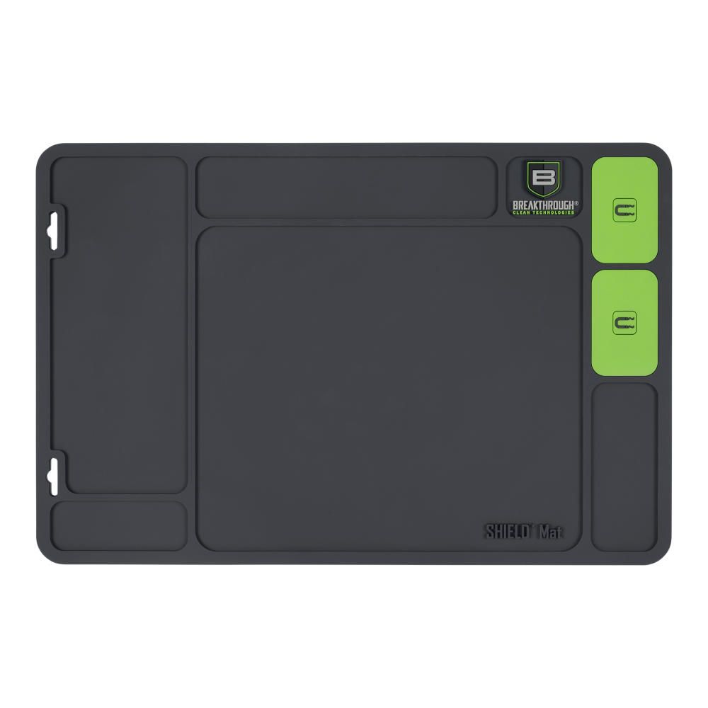 SHIELD MAT - HANDGUN - Black work mat featuring compartments and bright green accents, labeled with "Breakthrough" and "SHIELD Mat" logos.